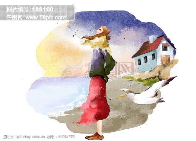 HanMaker韩国设计素材库背景漫画卡通淡彩人物女人海边海鸥舒适享受悠闲